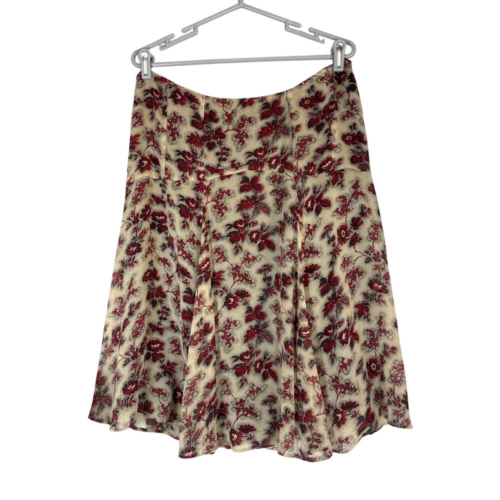 Y2K Ann Klein 100% Silk Midi Skirt Sz 12 Floral Beige Red Dark Cottagecore Boho